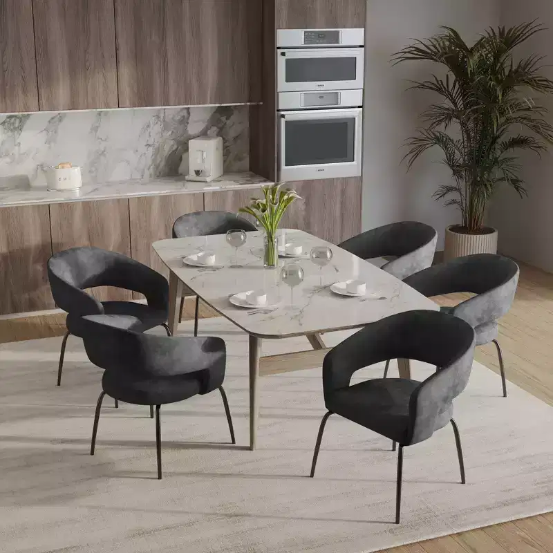 LeisureMod Dining Chair Upholstered in Velvet/Leather with Open Curved Backrest and Powder-Coated Iron Legs Gavin Collection Set of 2