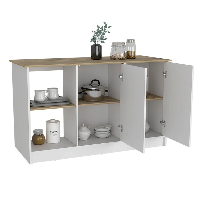Kitchen Island, Four Open Shelves, Two Cabinets -Light Oak / White
