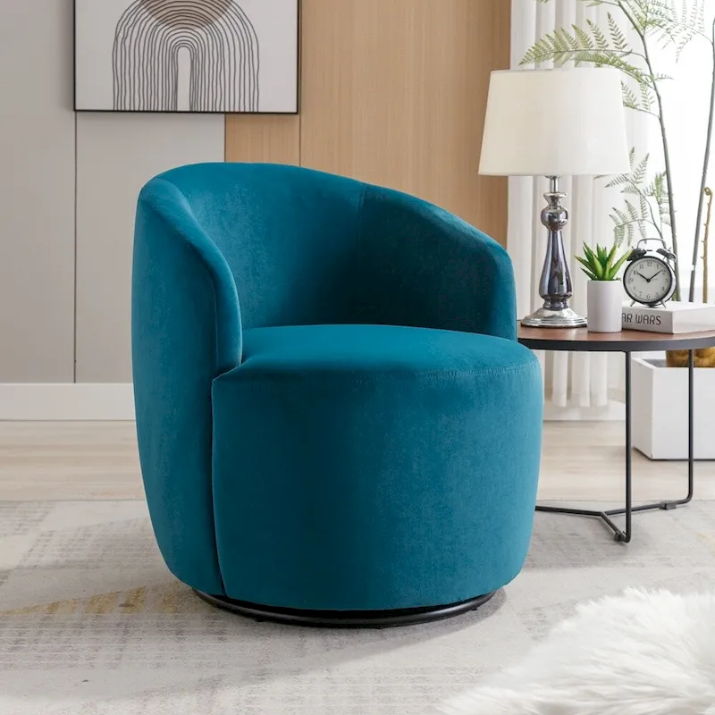 Velvet Fabric Swivel Barrel Chair with Black Powder Coating Metal Ring