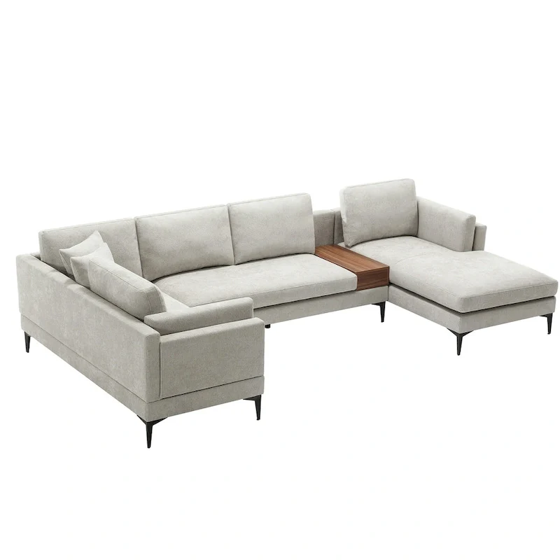 Modular U-shaped Linen Reversible Sofa with a Wooden Side Table Box and Reversible Design