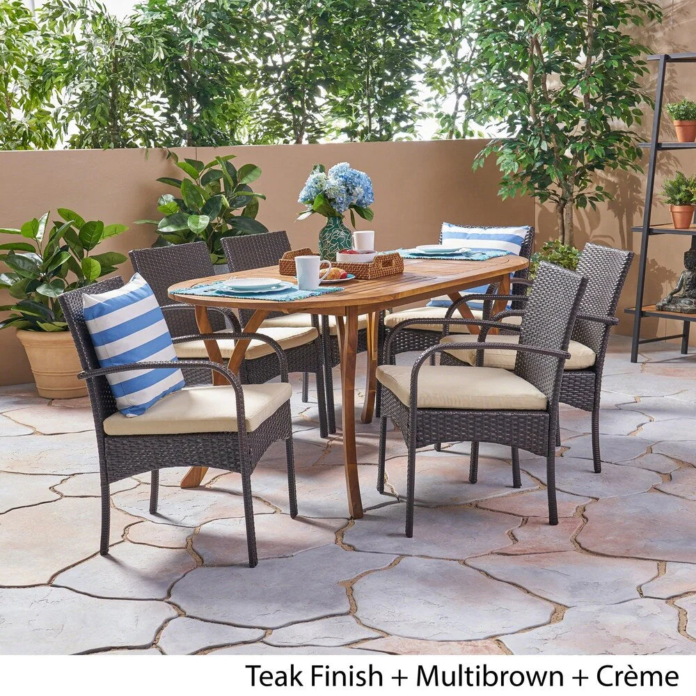 Mason Outdoor 7 Piece Acacia Wood and Wicker Dining Set by Christopher Knight Home
