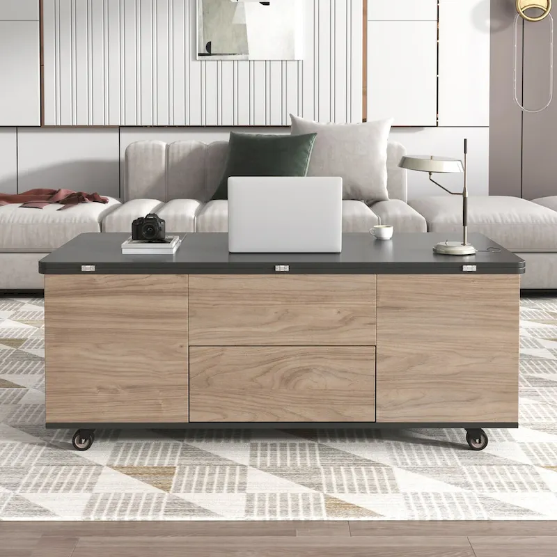 Modern Walnut & White Lift Top Coffee Table Multifunctional Table with Drawers & Shelves
