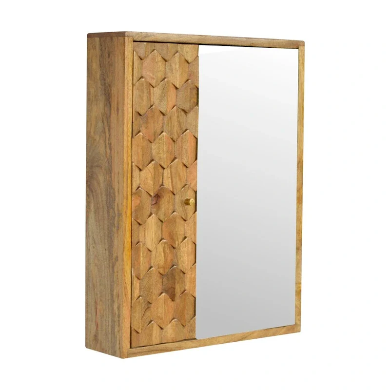 White Pineapple Carved Mirror Cabinet – Solid Wood, 1-Door, Single User