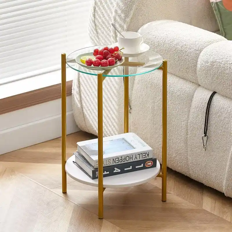 2 Tier Round Side Table with Tempered Glass Modern End Tables