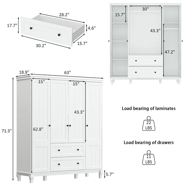 Home Traditional 2 Drawer Freestanding Wood Armoire in White Lacquer - 63Wx71.3