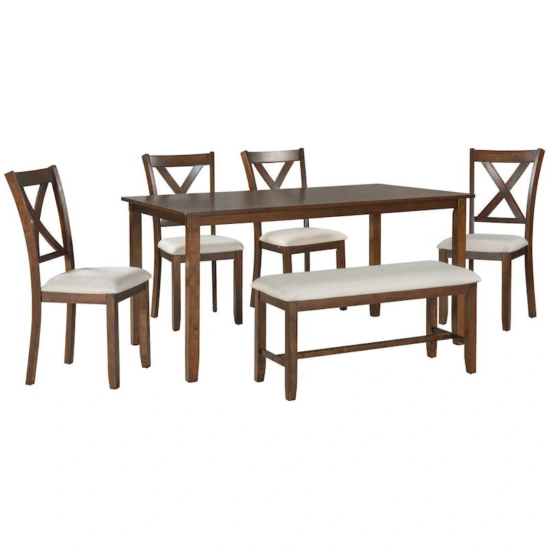 Nestfair 6-Piece Dining Table Set with 4 Fabric Chairs and Bench
