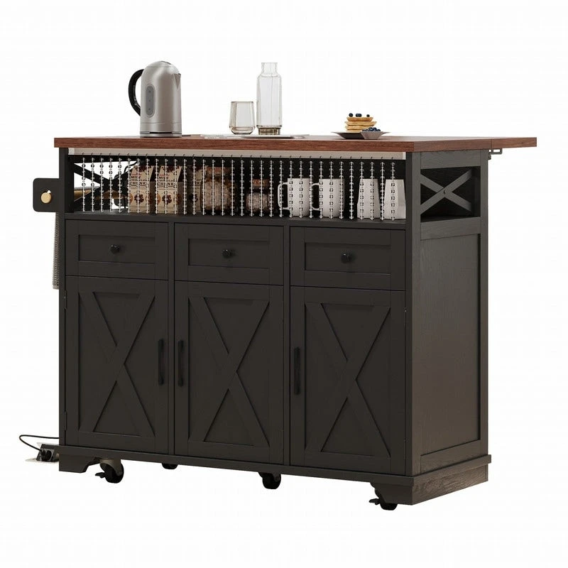 Farmhouse 46.5 Kitchen Island with Power Outlet, Rolling Kitchen Cart on Wheels with Drop Leaf