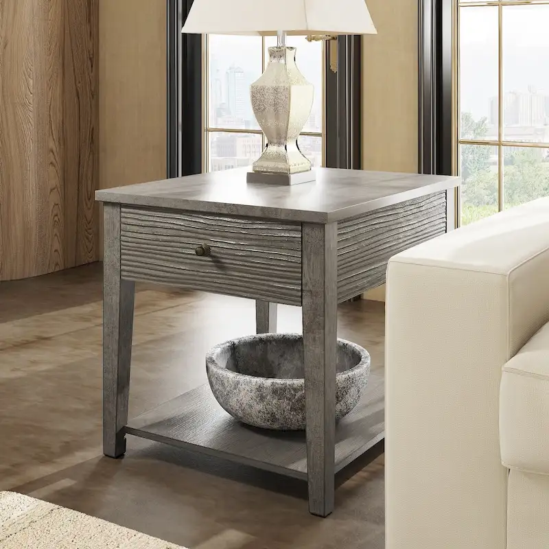 Grey Fiber Cement End Table with Drawer & Open Shelf – Antique Grey, Single
