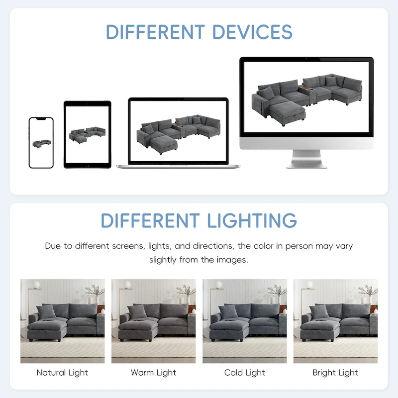 U Shaped Chenille Sofa w/Ottoman,Console,Cup Holder,Wide Seat,USB