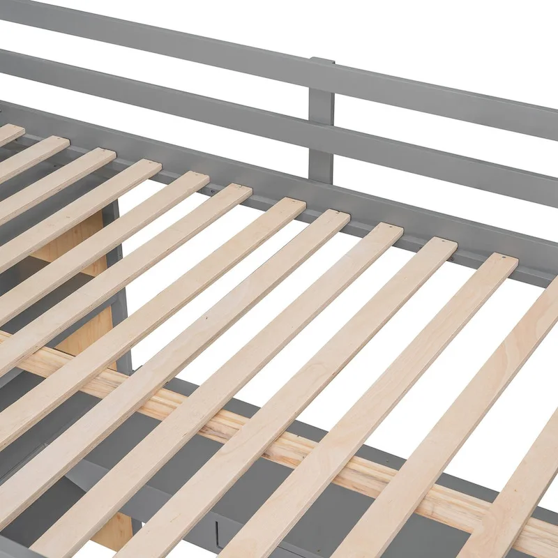 Gray Full Size Loft Bed with Ladder, Shelves, Desk, and Drawers