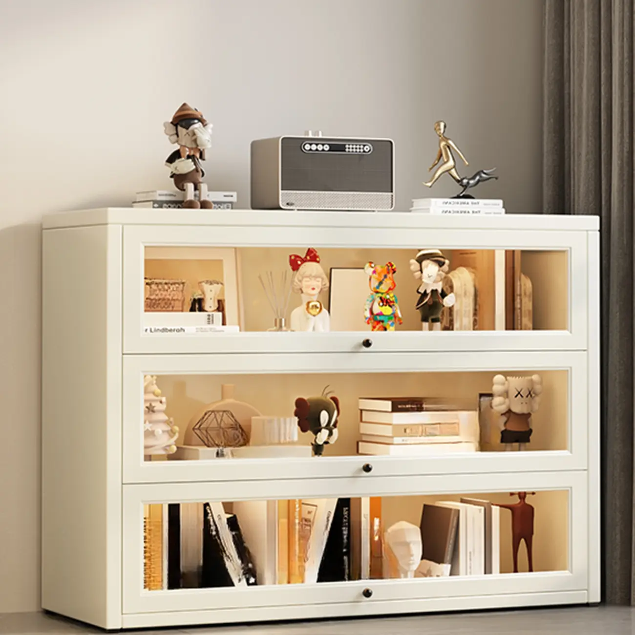 Chalk Vertical Bookshelves with 3 Cabinets, 3-Shelf Alloy Frame and Closed Back