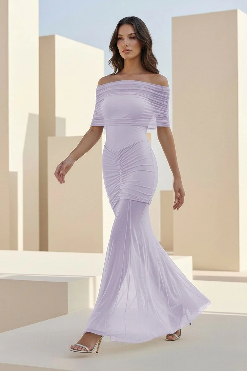 Ivory Mermaid Off The Shoulder Ruched Tulle Long Prom Dresses