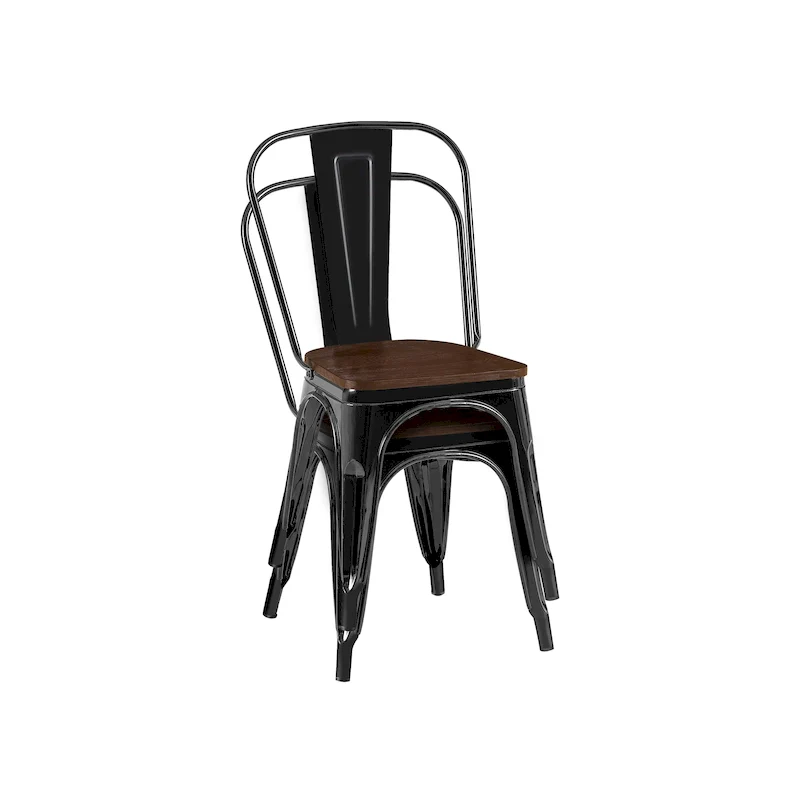Wooden Seat Industrial Metal Stackable Dining Chair Set