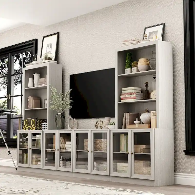 Grey Wood Grain Entertainment Center with Glass Doors, Single-Unit, Fits up to 61