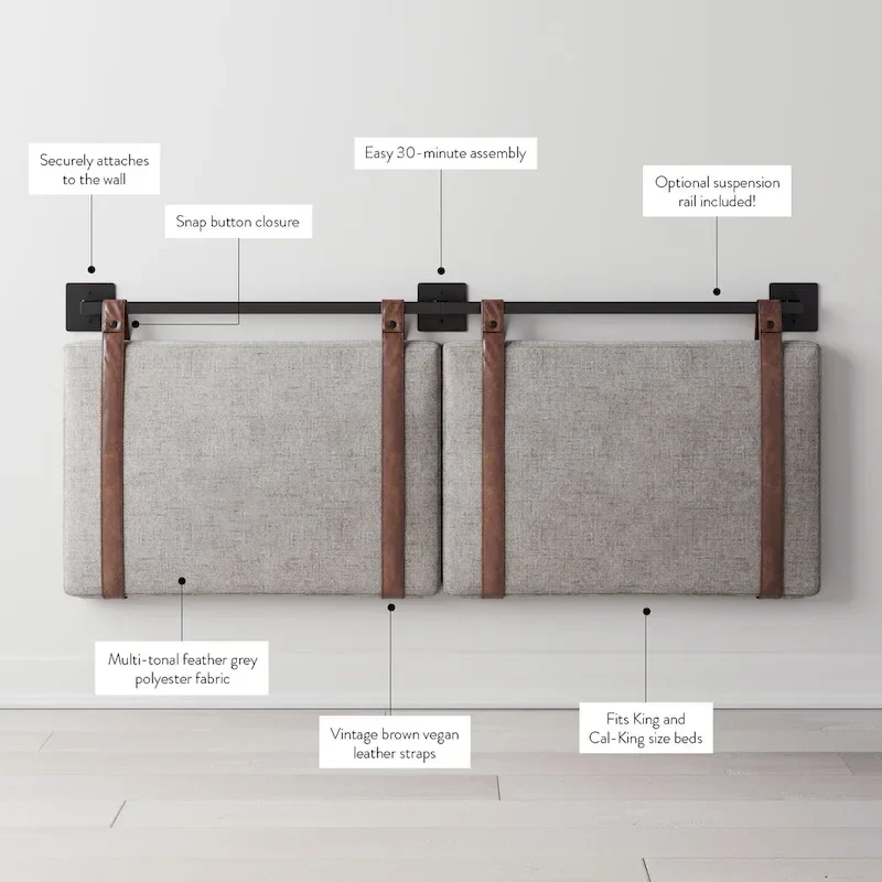 Nathan James Harlow Wall Mount Upholstered Headboard with Metal Rail
