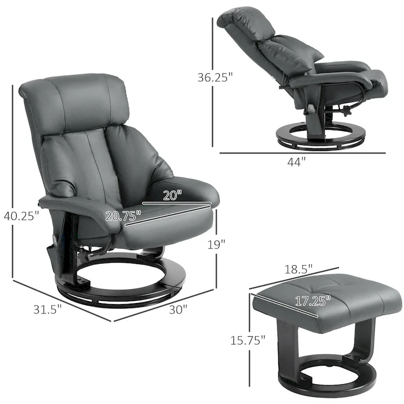 Gray Massage Recliner Chair with Footstool, 360° Swivel, Single Seat