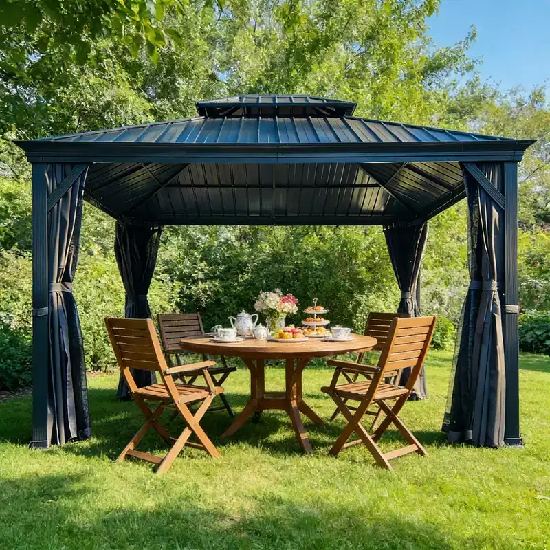 Clihome 12'x14' Hardtop Gazebo, Aluminum Frame, Double Roof, UV Protection, Curtains & Netting, Outdoor Patio Permanent Gazebo