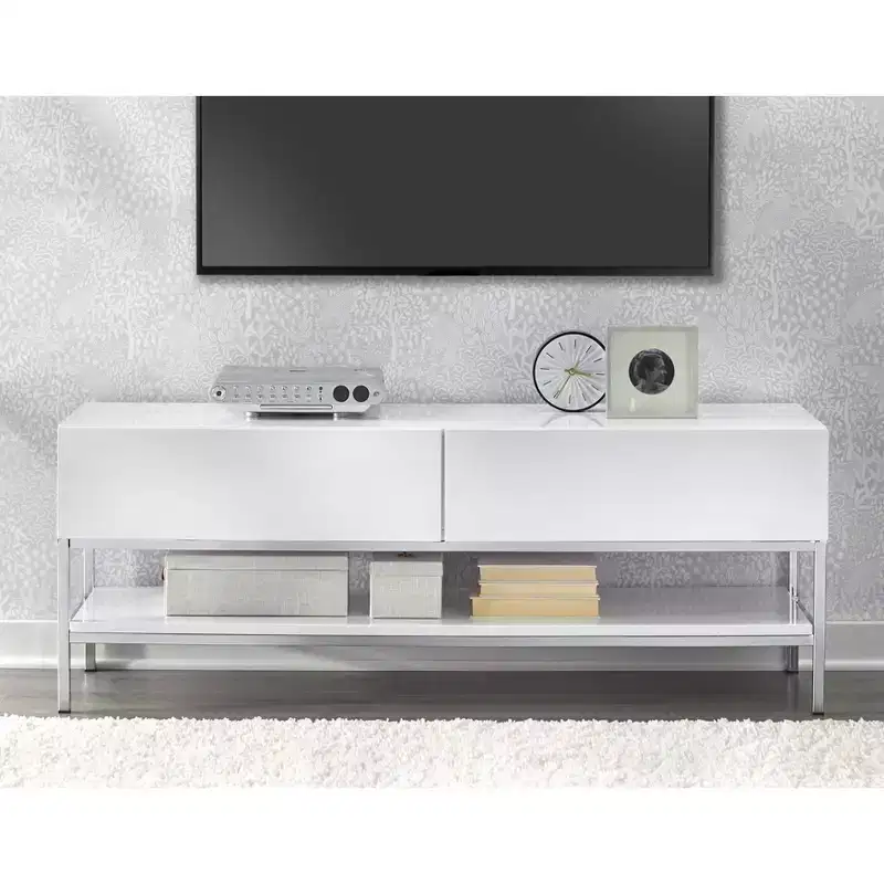 Buylateral Lewis Modern TV Stand for TVs up to 60" White: Modern Media Console with Metal Base & Storage Drawer