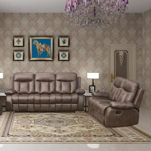 Vanity Art Brown Microfiber 2-Piece Reclining Loveseat with One Motion Sofa One Motion Loveseat Living Room Set - N/A