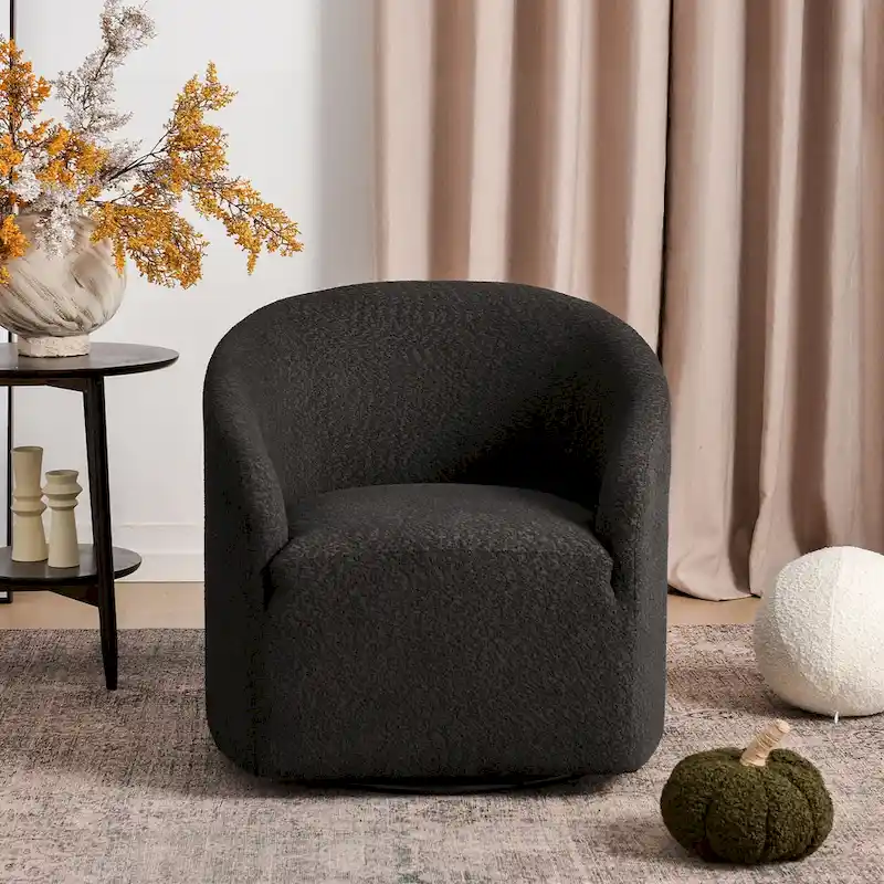KINWELL 32 W Boucle Upholstered Swivel Barrel Accent Armchair