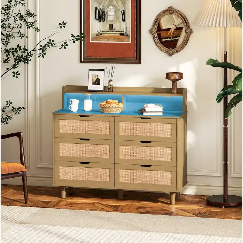White Rattan 6-Drawer Storage Cabinet with LED Lights