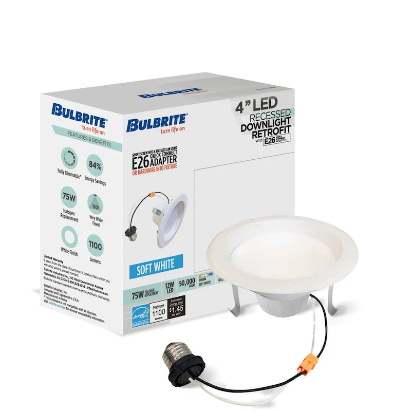 Bulbrite Pack of (4) 12 Watt 4  Integrated LED Recessed Downlight with E26 Quick Connect Adapter - Soft White Light