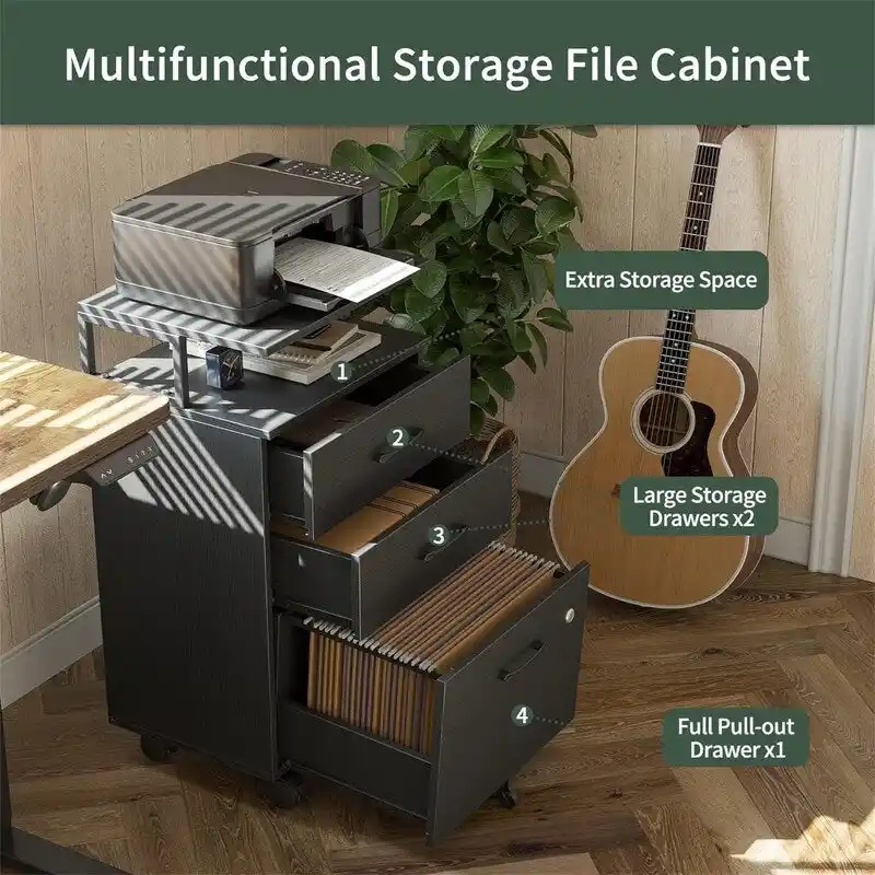 Black / White / Rustic Brown 3-Drawer Rolling Filing Cabinet with Lock – Single