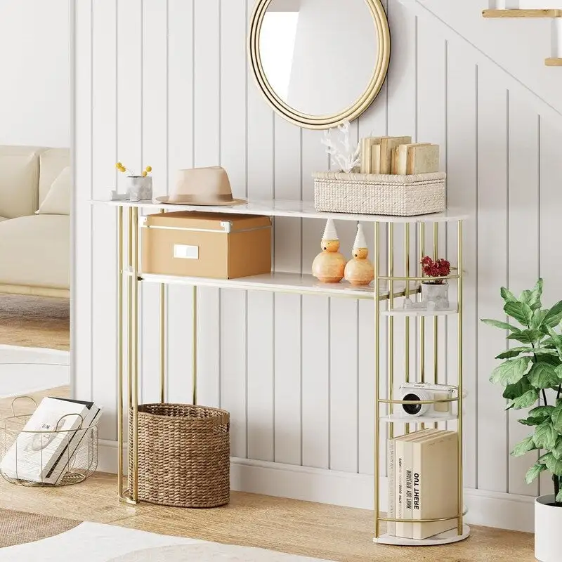Gold & White Console Table with Storage Shelves, 1-Person Assembly, Modern Style
