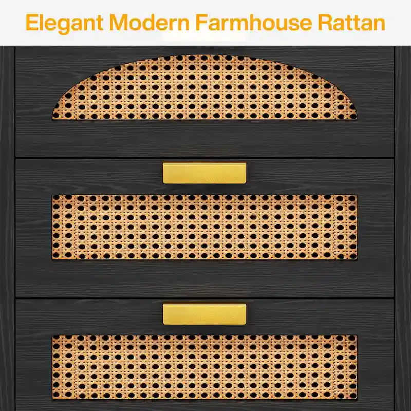 Wood/ Rattan Nightstand Bedside Table with 3-drawer