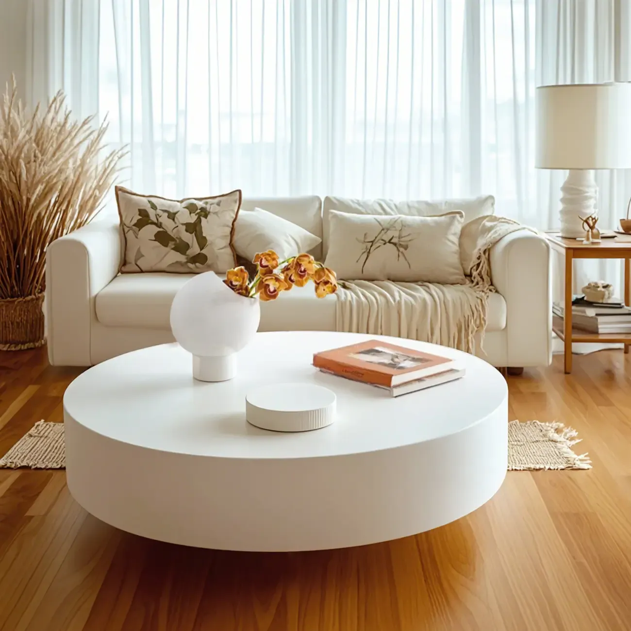 Modern White Round Fiberglass Coffee Table for Living Room