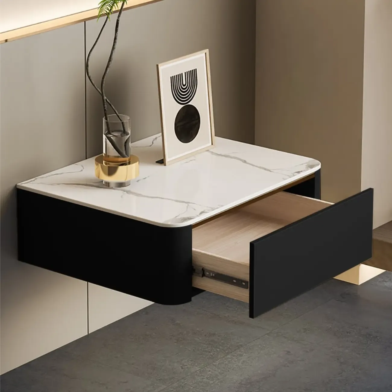 Modern Wood Stone Top Floating Nightstand with Drawer