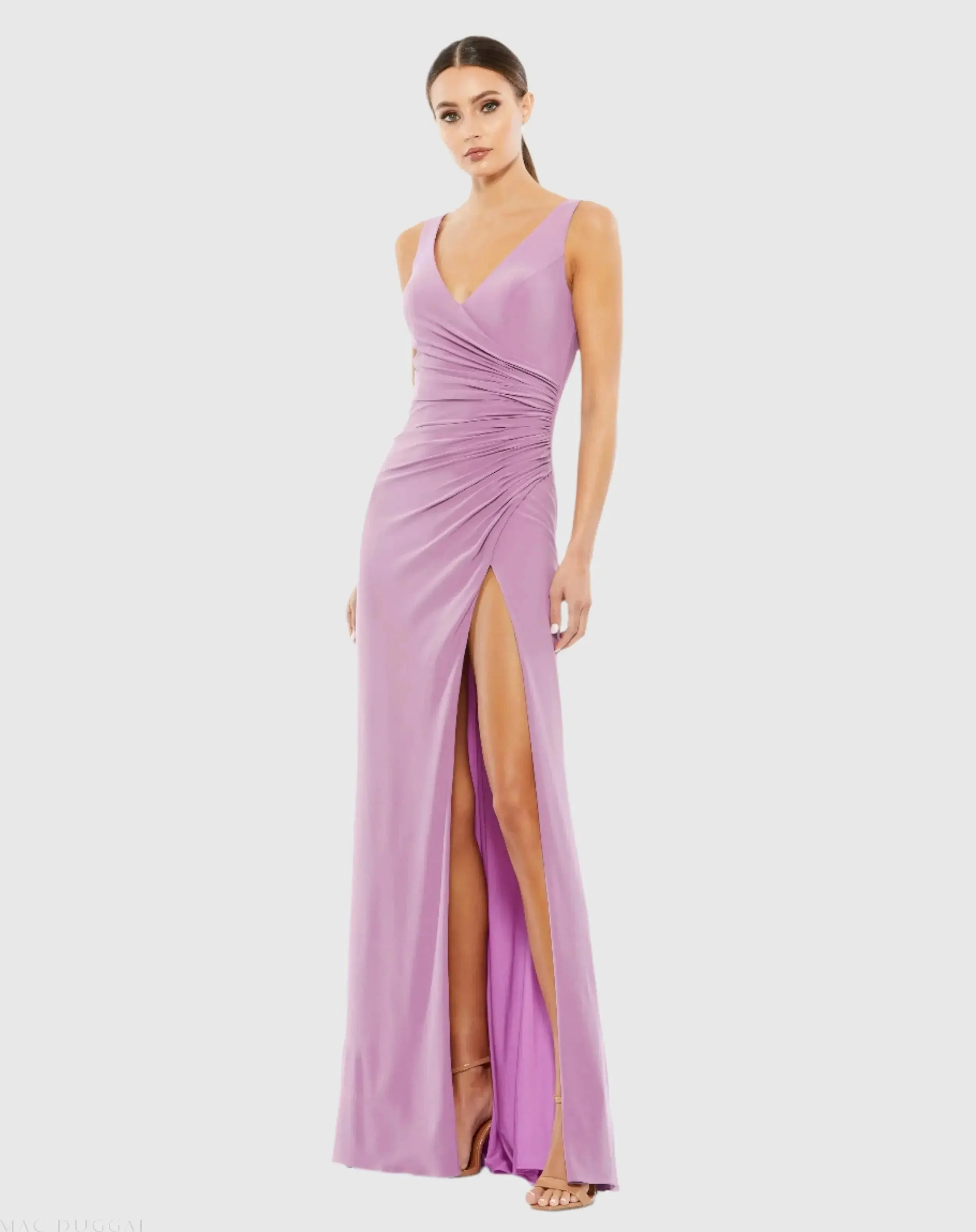 Faux Wrap Sleeveless V Neck Gown