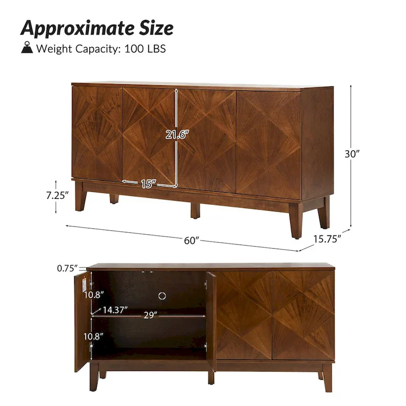 Ofelia Mid-century 60 Wide Geometric Patterned Sideboard with Adjustable Shelves by HULALA HOME