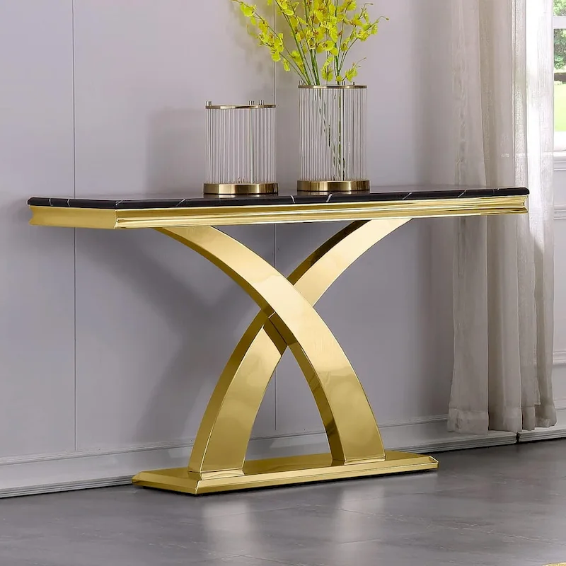 50 inch Rectangle Console Table with Luxurious Stainless Steel X Base and High Gloss Top