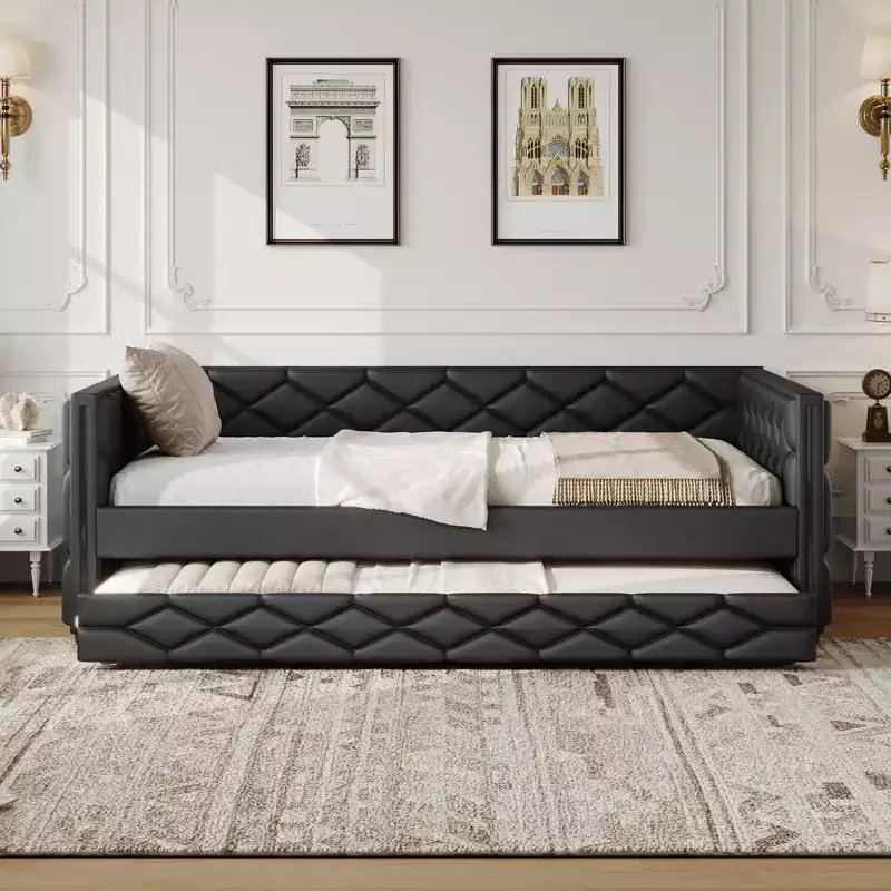 Whisen Full XL Size Upholstered Daybed with Trundle, Sofa Bed, Guest Bed with Solid Pine Wood Frame, PU Leather, Tufted Armrests