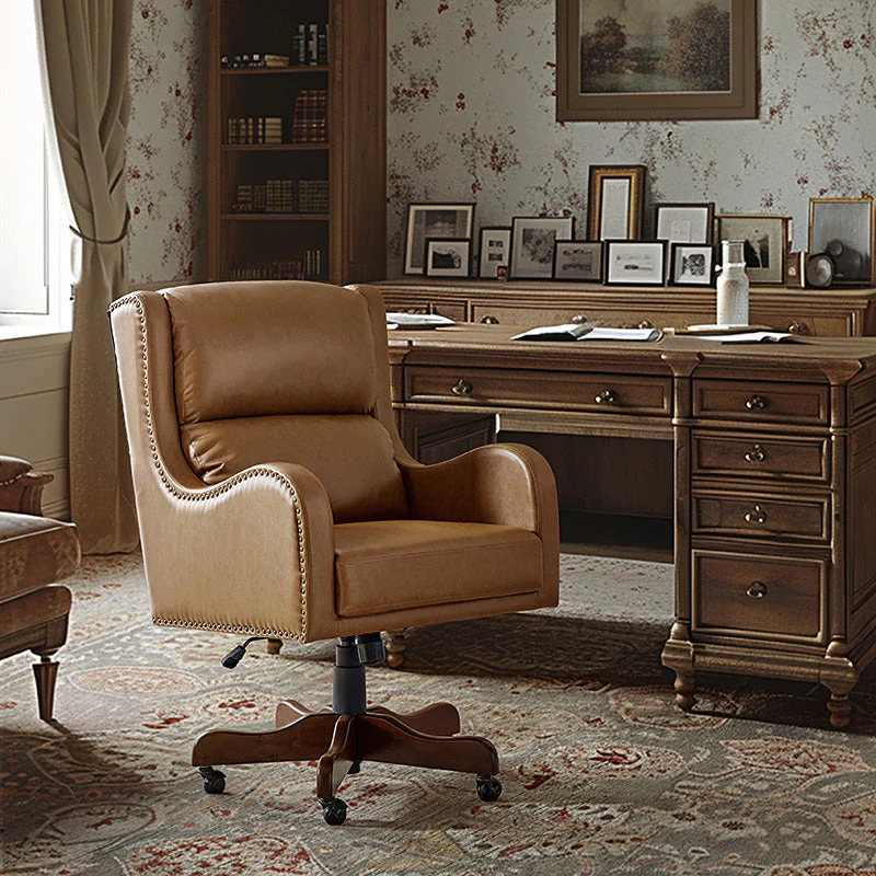 PU Leather Executive Task Chair with Adjustable Height, Center Tilt & Rubberwood Legs | Navy / Beige / Camel | Single Seat