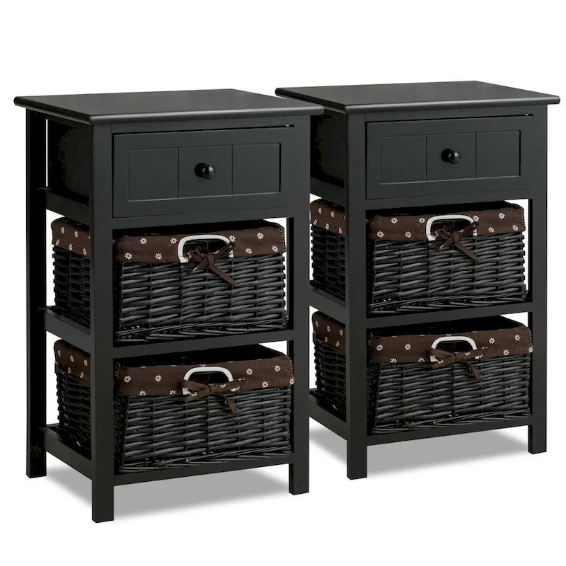 3 Layer Set of 2 Wooden Bedside End Table with 2 Wicker Baskets and 1 Drawer - 16 x 12 x 25(L x W x H)