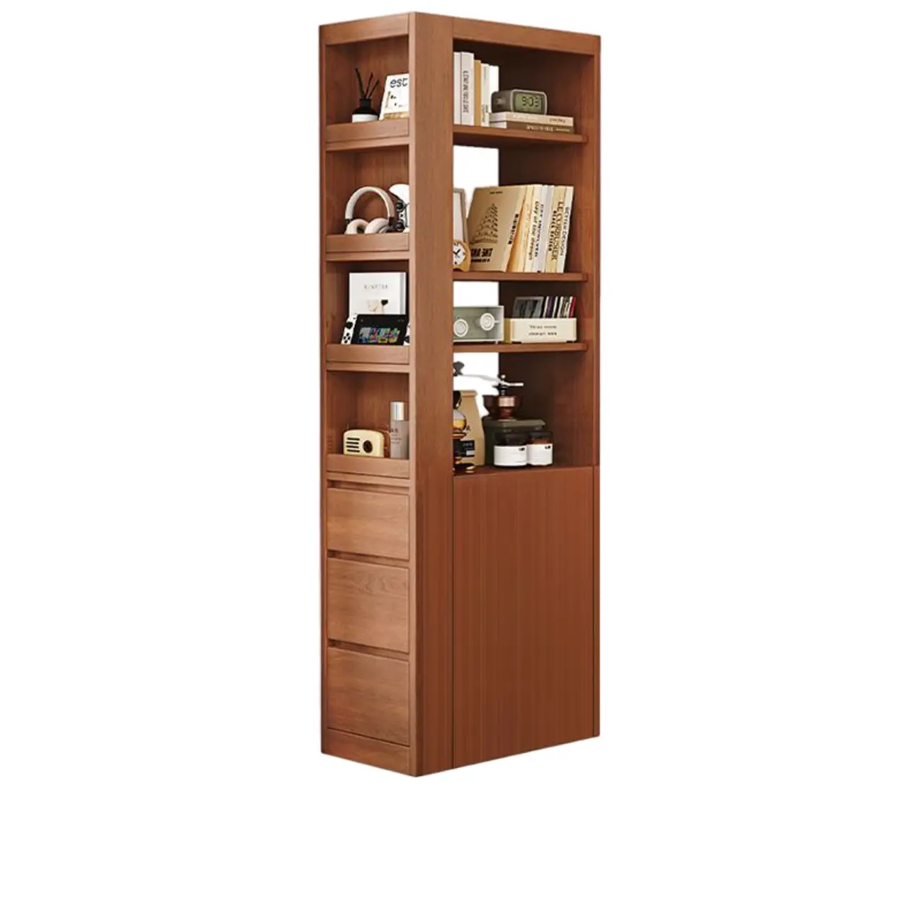 Narrow Oak Wood Corner Bookcase with Drawers