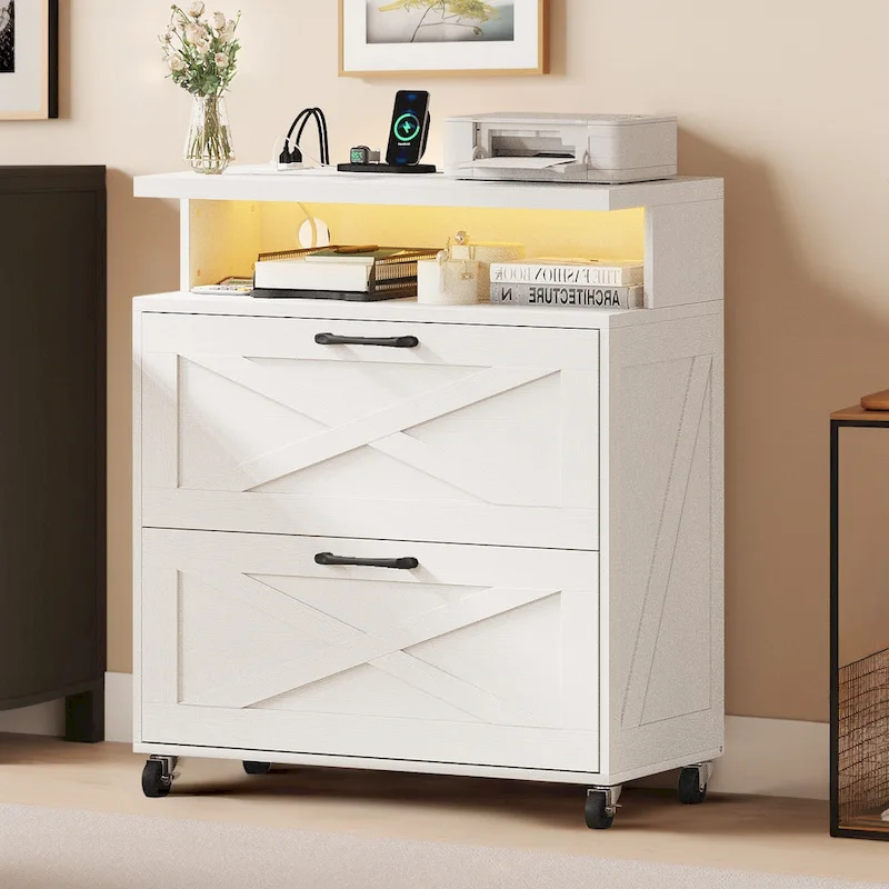 Mobile Wood File Cabinet with Charging Station & RGB LED Light, Rustic Style