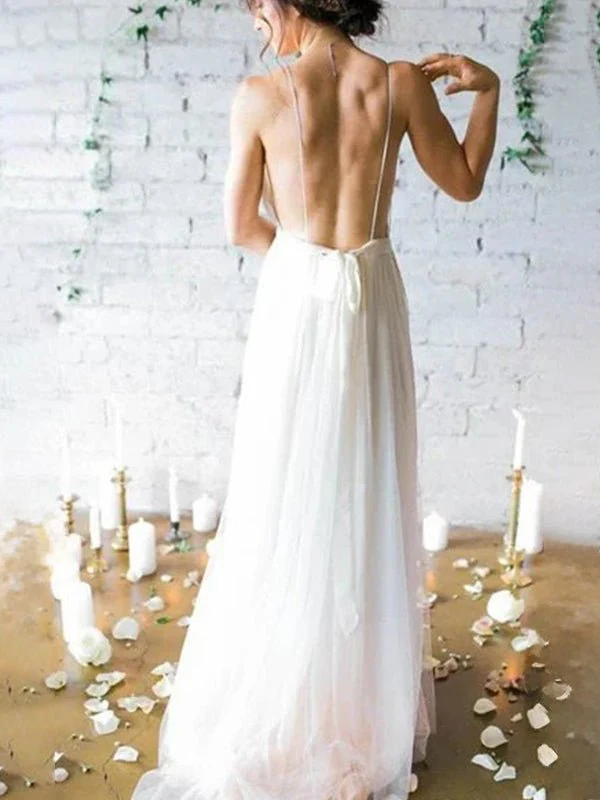 A-Line V Neck Straps Spaghetti Sheath Chiffon Wedding Dress