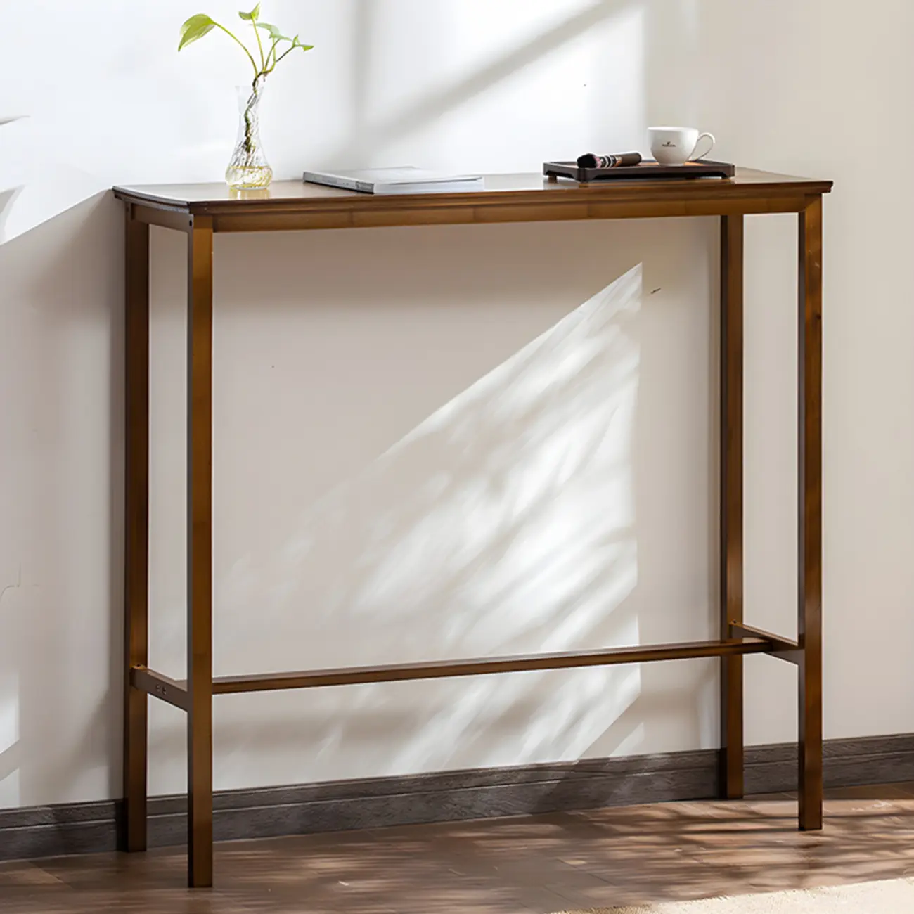 Modern Natural Finish Wooden Fixed Top Footrest Bar Tables