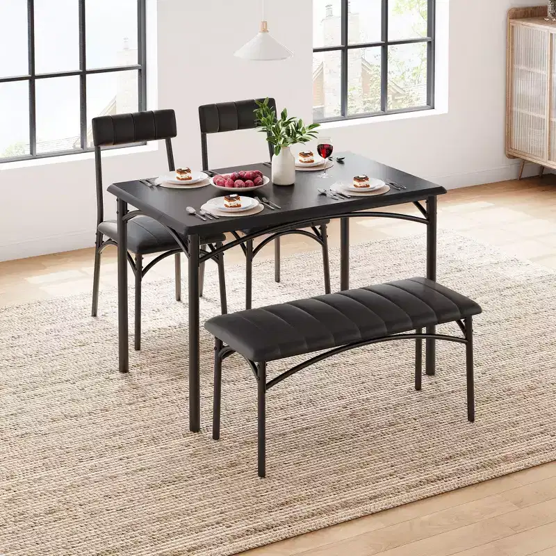 Dining Table Set for 4 with Rectangular Table, Upholstered Bench, and 2 Chairs, Space-Saving Dining Room Set for Small Spaces, Apartments