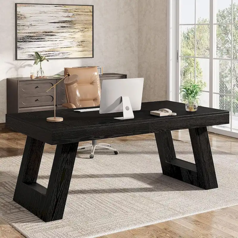 Black / Brown Wood Executive Desk – Vintage Style, Single Use