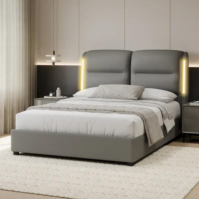 Grey Queen Hydraulic Lift Storage Bed, Metal Frame, PU Leather, Fits 2