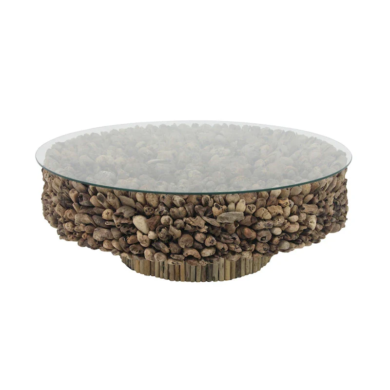 Driftwood Handmade Collage and Pedestal Base Coffee Table with Tempered Glass Top - Brown