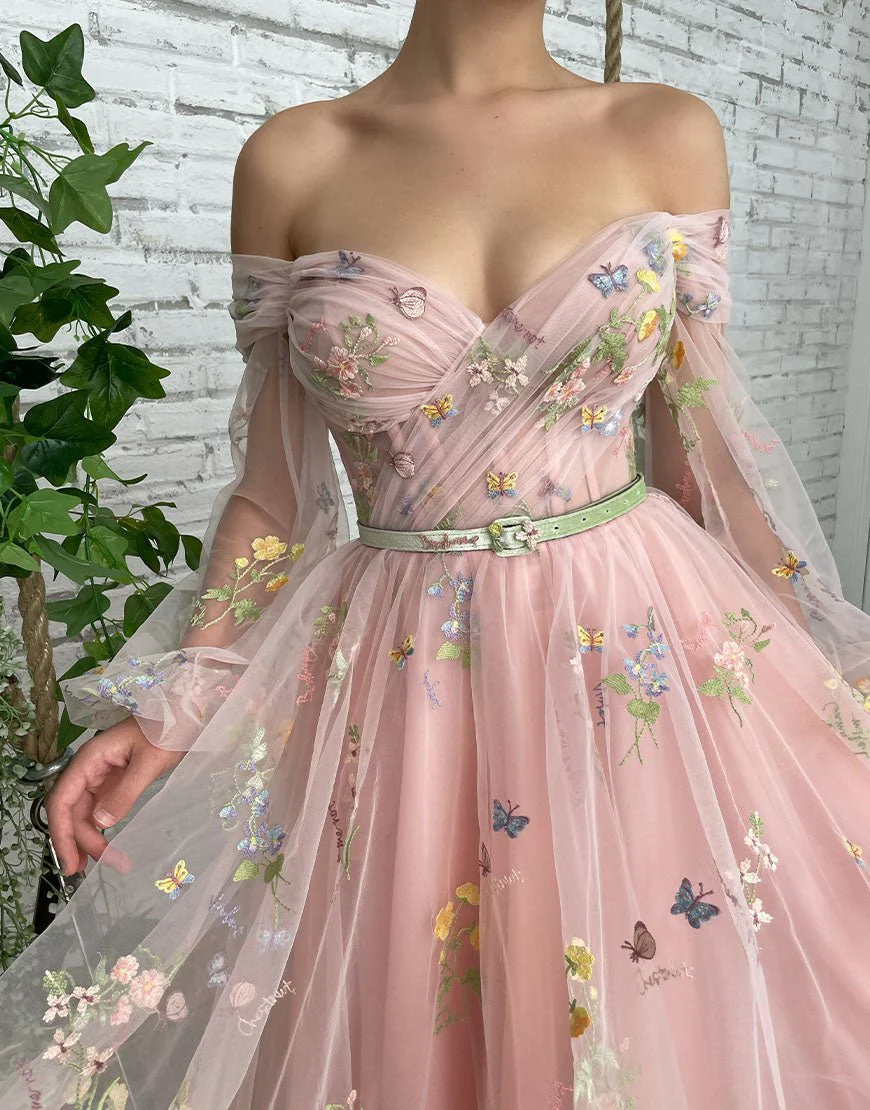 A-line Light Pink Embroidery Off the Shoulder Prom Dress