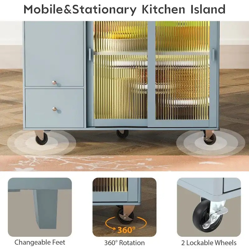 LED Light Kitchen Cart with Drop Leaf and Adjustable Shelf