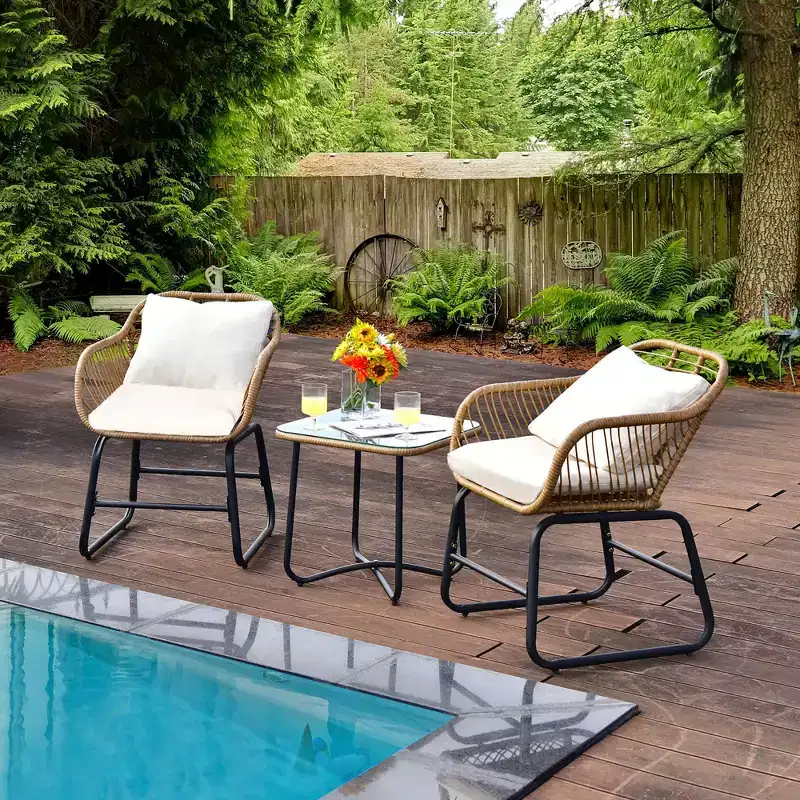 Costway 3PCS Patio Rattan Bistro Set All-Weather Cushioned Chair Table White