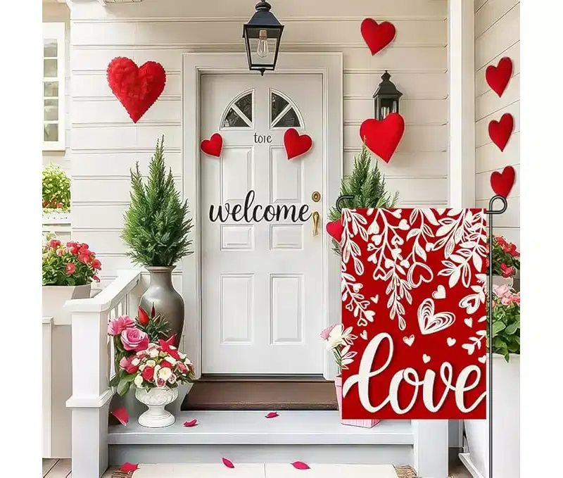 Lomsoe Valentines Day Garden Flag White Floral Heart Yard Flag Anniversary Wedding Flag Valentines Gift Valentines Decor Single Side 12x18 Inch