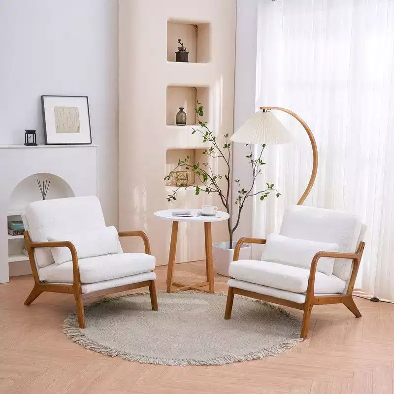 Karl Home 2Pcs Mid Century Solid Wood Accent Chair Upholstered Armchair with an Extra Pillow